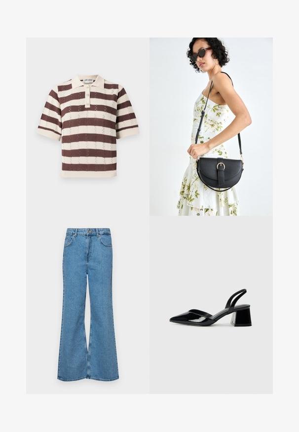 Beżowa i brązowa polo w paski z krótkimi rękawami, z trzema guzikami i teksturowanym wzorem dzianiny.; Jasnoniebieskie dzwony z denimu, z wysokim stanem, pięcioma kieszeniami i zapięciem na jeden guzik. Miękka tekstura z wyblakłym wykończeniem.; Czarne lakierowane półbuty na obcasie z wydłużonym noskiem i geometrycznym słupkiem. Charakteryzują się eleganckim, minimalistycznym designem oraz gładką fakturą.; Czarna skórzana torebka o zakrzywionym kształcie, z odpinanym paskiem i złotymi akcentami. Torebka posiada klapę z zapięciem w kształcie klamry.