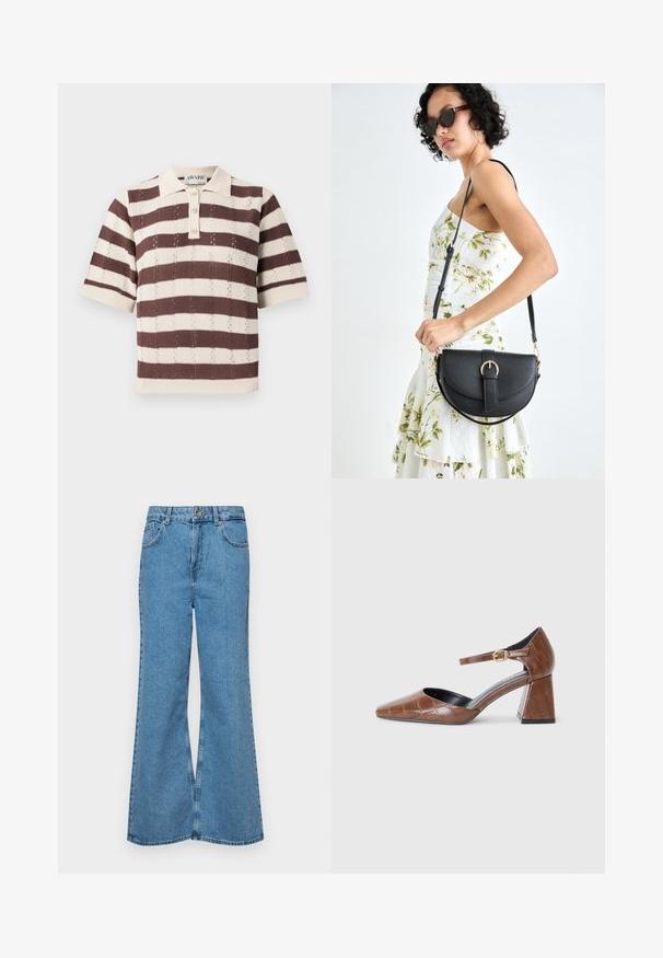 Bež ja brown triibuline polo särg lühikeste käistega, millel on kolm nupuklappi ja tekstuuriga kudumisdisain.; Heledad sinine flared teksade rõivad, millel on kõrge talje, viis taskut ja üks nupulukk. Pehme tekstuur ja pleekinud viimistlus.; Pruun lakknahast kontsapump ruudukujulise varbaga, tekstuurse krokodillimustri ja kuldse pandlaga pahkluvarruga ning jämeda kontsaga.; Mustmust mustraha kõverate joontega, eemaldatava rihmaga ja kuldsete detailidega. Kotil on klapp, millel on pandladetail.