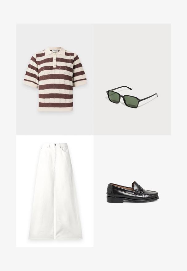 Polo triko s krátkým rukávem, béžové a hnědé pruhované, s límečkem na tři knoflíky a texturovaným pleteným vzorem.; Bílé široké džíny vyrobené z denimu, s vysokým pasem, předními kapsami a hladkou texturou s minimem švů.; Černé kožené mokasíny s lesklým povrchem, s prostorem na penny, prošitými detaily na svršku a nízkým obdélníkovým podpatkem.; Černé obdélníkové sluneční brýle se zelenými skly, s lesklým povrchem a tenkými stranicemi. Minimální značení na obrubě.