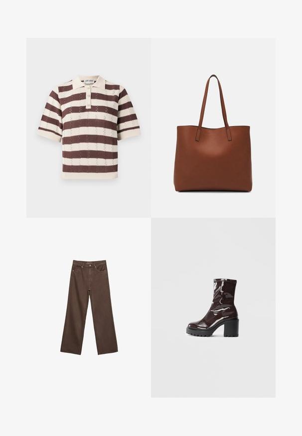 Polo tričko v béžových a hnedých pruhoch s krátkymi rukávmi, so zapínaním na tri gombíky a textúrovaným pleteným dizajnom.; Džínsy s širokými nohavicami v hnedej farbe, vyrobené z denimu, so zvýšeným pásom, prednými vreckami a klasickým zapínaním na gombík. Hladká textúra s jemným prešívaním.; Lesklé burgundské kotníkové boty s robustním černým podpatkem, s hladkou strukturou a jednoduchým designem. Bez viditelných zapínání nebo vzorů.; Hnedá kožená taška na rameno s hladkou textúrou, otvoreným vrchom a dvoma ramenými popruhmi. Má minimálne šitia a žiadne viditeľné kovania.
