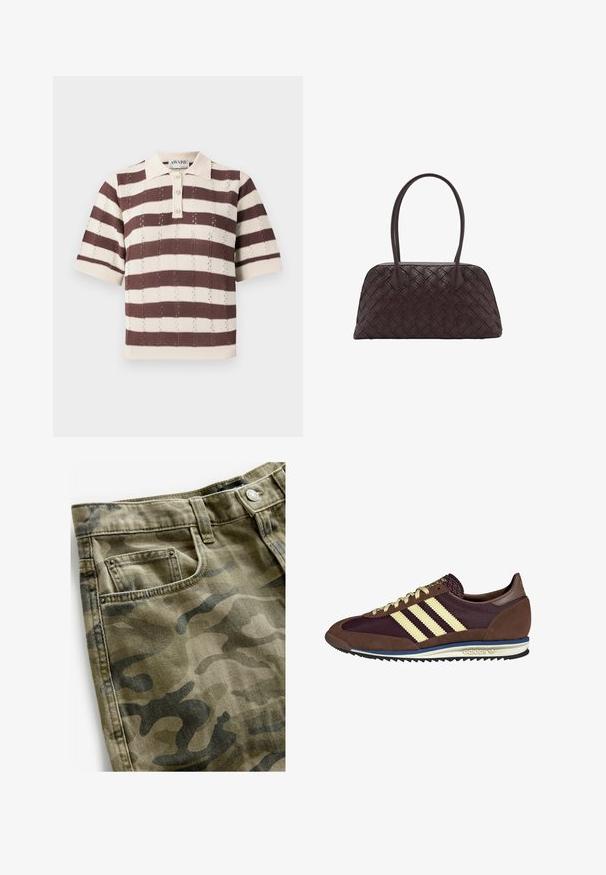 Beige und braun gestreiftes Poloshirt mit kurzen Ärmeln, ausgestattet mit einem dreiknöpfigen Verschluss und strukturiertem Strickdesign.; Next Jeans Shorts - camo print; Braune und burgunderfarbene Sneaker aus Wildleder und Mesh-Materialien, mit drei cremefarbenen Streifen, strukturiertem Stoff an der Zunge und einer Gummisohle.; Geflochtene braune Ledertasche mit runder Form, doppeltem oberen Griff und glatter Textur; verfügt über subtile Nähte als Designdetail.