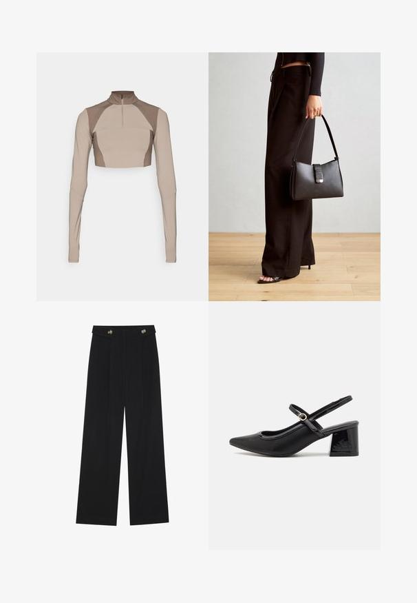 Šviesiai rudas pasijonis su ilgomis rankovėmis, aukšta apykakle, ketvirčio užtrauktuku ir tekstūruotais dizaino elementais ant pečių. Pagamintas iš tamprios, lygaus audinio.; Juodi plačios kojos kelnės su aukštu liemeniu, sagų detalėmis ant liemens ir priekinėmis raukšlėmis.; Juodi patentinio odos slingback aukštakulniai su smailiu pirštu, apvaliu išpjovimu ir blokiniu kulnu. Papuošti auksiniu juostos akcentu.; Juodas rankinė struktūrizuota forma, lygi tekstūra ir metalinis užsegimas. Suporuota su plačiomis juodomis kelnėmis ir atvirais bateliais ant medinių grindų.