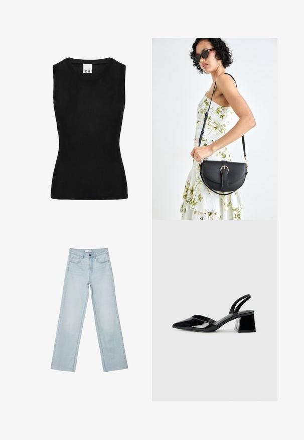 Mustat hihattomat toppi, joka on valmistettu ribbikudoksesta; siinä on pyöreä kaula-aukko ja vartalonmyötäinen muoto. Merkki "ICHI" on kaula-aukossa.; Vaaleansiniset leveät farkut denimistä. Ominaisuuksiin kuuluu viisi taskua, nappikiinnitys ja haalistunut yksityiskohta. Klassinen suora leikkaus löysällä istuvuudella.; Mustat patentoitu nahkakengät, joissa on säären takaosa ja terävä kärki, sekä geometrinen palikkakorko. Sisältää tyylikkään, minimalistisen muotoilun ja sileän pinnan.; Musta nahkainen käsilaukku, joka on kaareva muotoilultaan, irrotettavalla hihnalla ja kultaisilla yksityiskohdilla. Laukussa on läppä, jossa on solk yksityiskohta.