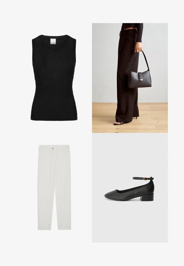 Black sleeveless top made of ribbed knit material; features a round neckline and a form-fitting shape. Label reads "ICHI" at the neckline.; White, tailored trousers with a straight leg design, featuring a button closure, belt loops, and side pockets; smooth fabric texture.; Black leather pump with a pointed toe and a low block heel. Features an ankle strap with a gold-tone buckle. Smooth texture.; Black handbag with structured shape, smooth texture, and a metallic clasp. Paired with wide black pants and open-toe sandals on wooden floor.