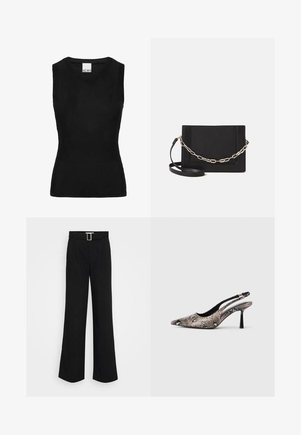 Must have ribatud kanga sansleeve top; ümar kaelus ja keha lähedane lõige. Sildil on kaeluses kirjas "ICHI".; Mustad laiad püksid, mis on valmistatud kerge kangaga, silindri tekstuuriga, ees on voltide detail ja ruudukujuline metallist pandla külge. ; Kitsas varvusega slingback kingad, mis on valmistatud tekstuuriga maosarnase materjali toel, omavad saledat musta kõrget kontsa ja lõikega disaini külgedel.; Mustast nahast õlakott, mis omab siledat tekstuuri, ristküliku kuju ning esiküljel metallketi detaili. Reguleeritav rihm on kaasas.