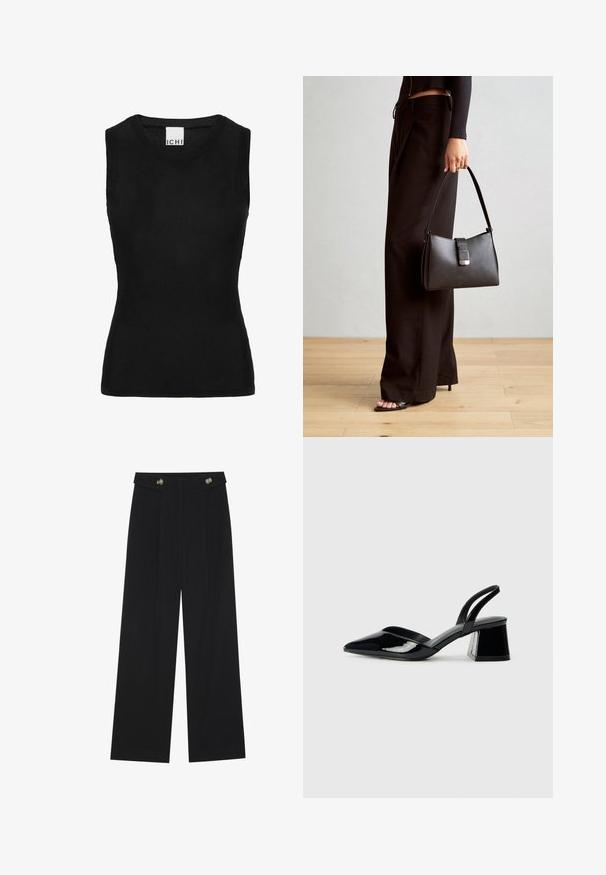 Must have ribatud kanga sansleeve top; ümar kaelus ja keha lähedane lõige. Sildil on kaeluses kirjas "ICHI".; Mustad laiad püksid kõrge vöökoha ja nööpdetailidega vööandil, esikortsudega.; Mustad musta lakknahk kingad, millel on terav varvas ja geomeetriline plokkkonts. Omab elegantselt minimalistlikku disaini ja sujuvat tekstuuri.; Must musta kott, millel on struktureeritud kuju, sile tekstuur ja metallist klamber. Kombineeritud laiate mustade pükstega ja avatud varvaste sandaalidega puidust põrandal.