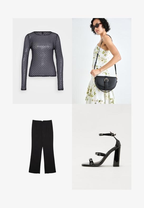 Čierny dlhý rukáv z priehľadnej sieťoviny so vzorom diamantov. Tkanina je priesvitná s jemným leskom, má zaoblený výstrih a obtiahnutý strih.; Čierne nohavice so strihom rovného strihu, s prednými vreckami a bočnými rozparkami na leme. Vyrobené z mäkkej, hladkej tkaniny. Vhodné na rôzne príležitosti.; Čierne lakované sandále na podpätku so štvorcovou špičkou, navlečenými remienkami okolo členku a striebornými prackami. Disponujú masívnym blokovým podpätkom pre stabilitu.; Čierna kožená kabelka s zaobleným tvarom, odnímateľným popruhom a zlatými doplnkami. Kabelka má klopu s detailom s prackou.
