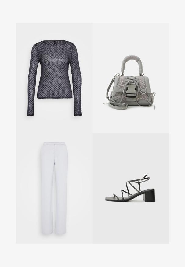 Long-sleeve mesh top in black with a diamond pattern. The fabric is sheer with slight shimmer, featuring a rounded neckline and fitted design.; Light gray trousers with a straight leg design, made of smooth fabric, featuring a flat front, waistband, and no visible embellishments.; Black strappy sandals with a square toe and a chunky heel, made of smooth material. Features adjustable ankle straps and minimal hardware.; Gray textured handbag featuring a padded handle, mesh accents, adjustable strap, and a front clasp. Compact design with a rounded shape.