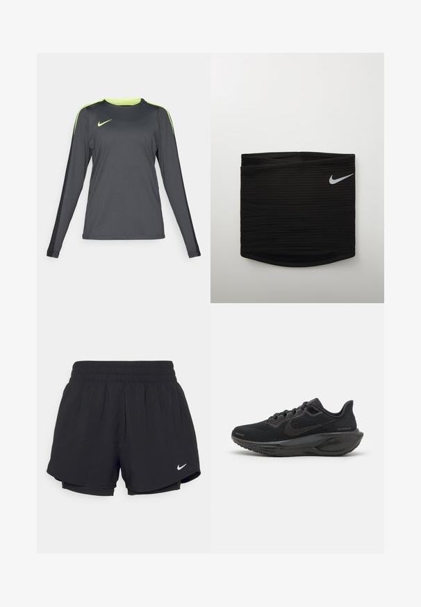 Garās piedurknes sporta krekls tumši pelēkā krāsā ar neona zaļiem akcentiem uz pleciem. Izgatavots no viegla, elpojoša auduma ar apaļu kakla izgriezumu.; Melni sporta šorti ar savelkamu elastīgu jostasvietu, iekšējo oderi un baltu Nike logotipu kreisajā apakšējā stūrī. Gluda, viegla auduma.; Melni sporta apavi ar acs audumu, teksturētām detaļām un mīkstu zoli. Ievērojams plāns dizains un diskreta logo uz sāna.; Melnā sportiskā josta ar rievojumu tekstūru, kurai labajā pusē ir neliels balts Nike swoosh logo. Gluda, pieguļoša dizaina.