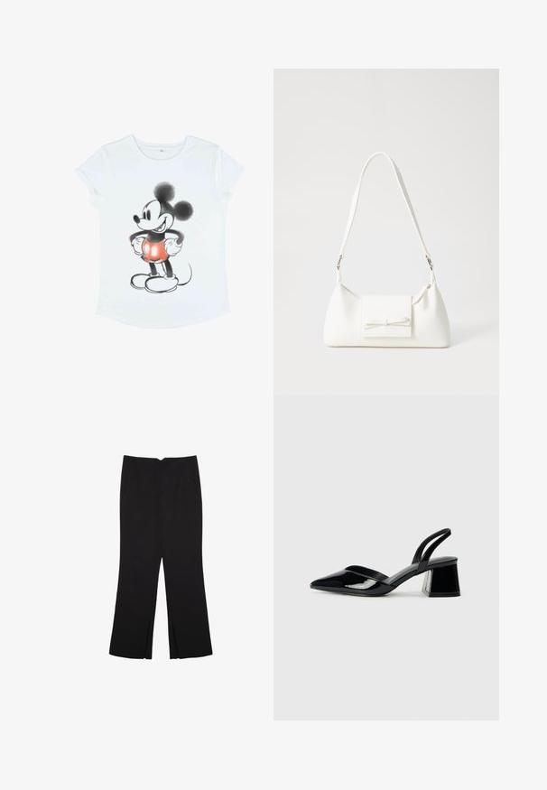 Biała koszulka z krótkim rękawem z grafiką Myszki Miki, ilustrowana na czarno i czerwono, z przerośniętymi uszami i okrągłymi bucikami.; Czarne spodnie o prostym kroju, z przednimi kieszeniami i bocznymi rozcięciami na dole. Wykonane z miękkiego, gładkiego materiału. Odpowiednie na różne okazje.; Czarne lakierowane półbuty na obcasie z wydłużonym noskiem i geometrycznym słupkiem. Charakteryzują się eleganckim, minimalistycznym designem oraz gładką fakturą.; Biała syntetyczna torba o trójkątnym kształcie, płaskim przednim klapce i detalach w postaci kokardy, regulowanym pasku, gładkiej fakturze oraz minimalistycznym designie.