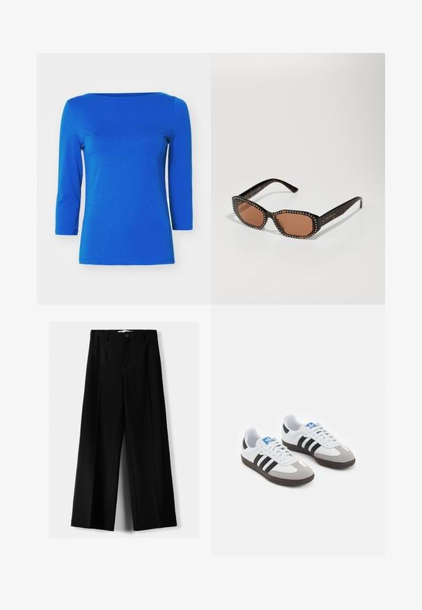 Vero Moda PANDA NOOS - Långärmad tröja - surf the web; Svarta vida byxor i lätt material, med knappstängning fram och platt front, samt väl sydda fållar.; Sportskor med överdel i vit läder, grå mocka på tårna och tre svarta ränder. Har en blå logotyp på tungan och en texturerad gummisula.; Bruna solglasögon med fyrkantig form, sköldpaddsmönstrad ram och vita dekorativa nitar längs kanterna.