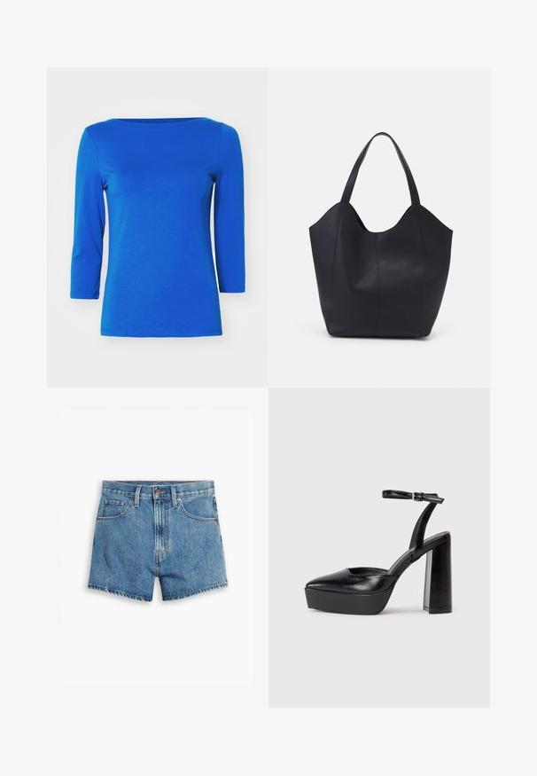 Vero Moda PANDA NOOS - Tops ar garām piedurknēm - surf the web; Gaiši zili džinsu šorti, kas aprīkoti ar piecām kabatām, rāvējslēdzēja aizdari un pogu aizdari. Apakšmala ir saplēsta, un izskats ir brīvs.; Melnas platformas papēžs ar norādītu purngala formu un regulējamu potītes siksniņu. Izgatavotas no gludas ādas, ar masīvu bloku papēdi.; Melnas rokassomas, kas izgatavota no gludas ādas, ar izliekto atvērto augšu, divām plecu jostām un minimālistisku dizainu.