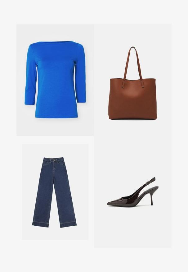 Vero Moda PANDA NOOS - Top dugih rukava - surf the web; Široke traperice u tamnoplavom denimu. Imaju pet džepova, petlje za pojas i siroki rub na dnu s vidljivim detaljima šavova.; Sandalice na visokom potpetici od sjajnog tamnosmeđeg lakiranog kože, s oštrim vrhom, otvorenim stranama i podesivom naramenicom.; Smeđa kožna torba preko ramena s glatkom teksturom, otvorenim vrhom i dvjema naramenicama. Ima minimalne šavove i nema vidljivog hardvera.