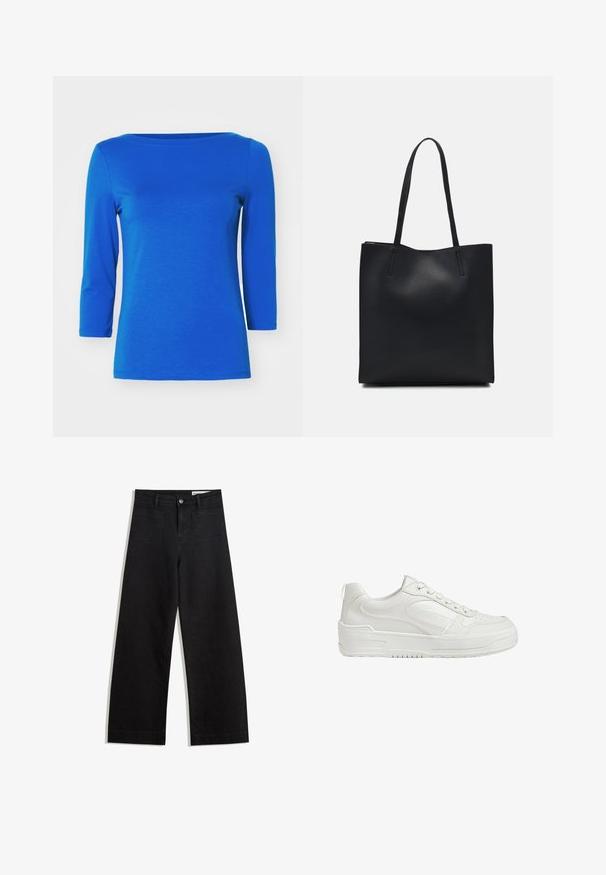 Vero Moda PANDA NOOS - Top dugih rukava - surf the web; Crne široke traperice s visokim strukom, s prednjim i stražnjim džepovima, šivenim šavovima i kopčanjem na gumb. Glatka tekstura.; Bijele kožne tenisice s glatkom teksturom, podstavljenim gležnjem i perforiranim nožnim dijelom. Imaju blago povišeni gumeni potplat i dizajn s vezicama.; Crna kožna torba za nošenje s glatkom teksturom, pravokutnim oblikom i dvije duge ručke. Nema vidljivih metalnih dijelova ili ukrasa.