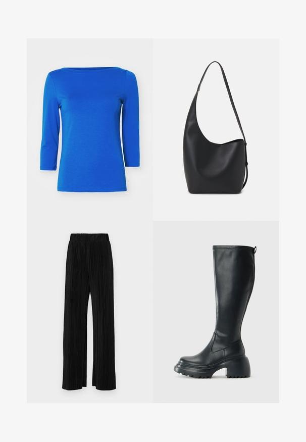 Vero Moda PANDA NOOS - Camisola de manga comprida - surf the web; Calças pregueadas pretas com uma cintura elástica. Apresentam pernas largas e um tecido liso, texturizado com riscas verticais.; Bota preta de couro alta com sola de plataforma robusta e salto bloco, apresentando puxador e padrão texturizado na sola.; Saco hobo preto em pele com uma textura lisa, forma curva e uma única alça ajustável; apresenta uma abertura larga na parte de cima.