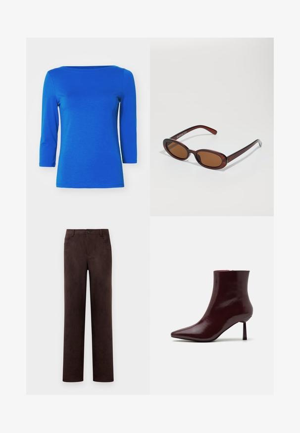 Vero Moda PANDA NOOS - Majica z dolgimi rokavi - surf the web; Hlače iz temno rjave nobuk kože s ravnimi nogavicami, sprednjim gumbom in zadrgo, z zankami za pas in stranskimi žepi.; Burgundska patentna kožna gležnjarja s koničastim nosom in ozko špicasto peto, s gladko, sijočo teksturo in minimalističnim dizajnom.; Okrogle, rjavo obarvane sončne naočare z sijočim burgundskim okvirjem. Tanek nosilec s subtilnim logotipom. Oblika leč je ravna.; Tkanina burgundska torbica z zaobljeno obliko in enim ročajem, s teksturirano površino in elastičnim zaveznim zapiranjem.