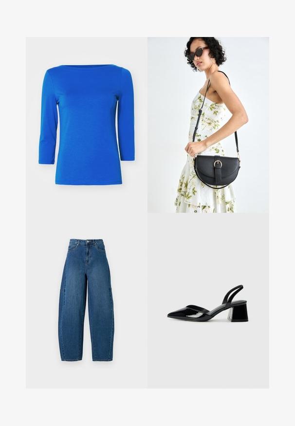 Vero Moda PANDA NOOS - Topper langermet - surf the web; Denimjeans i en middels blå vask, med høy midje, vide ben og standard fem-roms design med synlige sømdetaljer.; Svarte patentlær slingback hæler med spiss tå og geometrisk blokk hæl. Har et stilrent, minimalistisk design og jevn tekstur.; Svart lærveske med en buet form, avtagbar stropp og gullbeslag. Vesken har et klaff med spenne-detall.