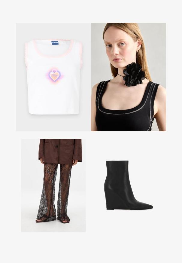 Bela brezrokavna majica z roza valovitim robom, ki prikazuje osrednjo grafiko srca v pastelnih barvah z besedilom "Hugo" znotraj.; Črne čipkaste široke hlače s cvetličnim vzorcem, prosojne teksture in širokimi odprtinami za noge, v kombinaciji s rjavimi natikači.; Črne gležnjarje na wedge peto iz teksturirane usnje; imajo koničast nos in gladko, elegantno obliko z oblinami.; Črna cvetna choker ovratnica iz plastičenih cvetnih listov, oblečena z črnim rebrastim topom, ki ima srebrne detajle ob izrezu in ramenih.