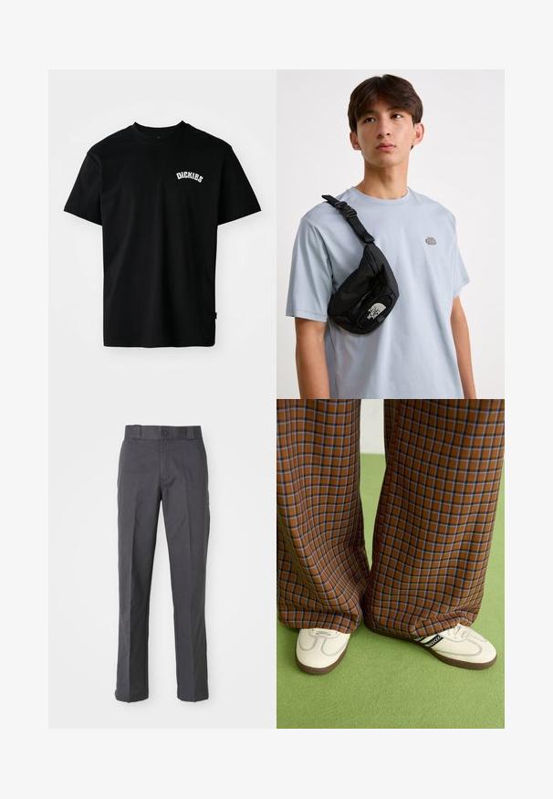 Svart bomull T-skjorte med korte ermer og rund hals. Har en hvit buet logo "DICKIES" på brystet. Enkel design, ingen mønstre.; Mørkegrå bukser laget av bomullsblanding, med rett ben-design, frontlommer og knappelukking i midjen.; Brune og blå rutete vide bukser sammen med hvite sko med svarte detaljer og teksturerte såler, satt mot en grønn bakgrunn.; Svart nylon crossover-bag med justerbar stropp, med en fremtredende hvit logo. Bært over en lyseblå t-skjorte. Enkelt, funksjonelt design.