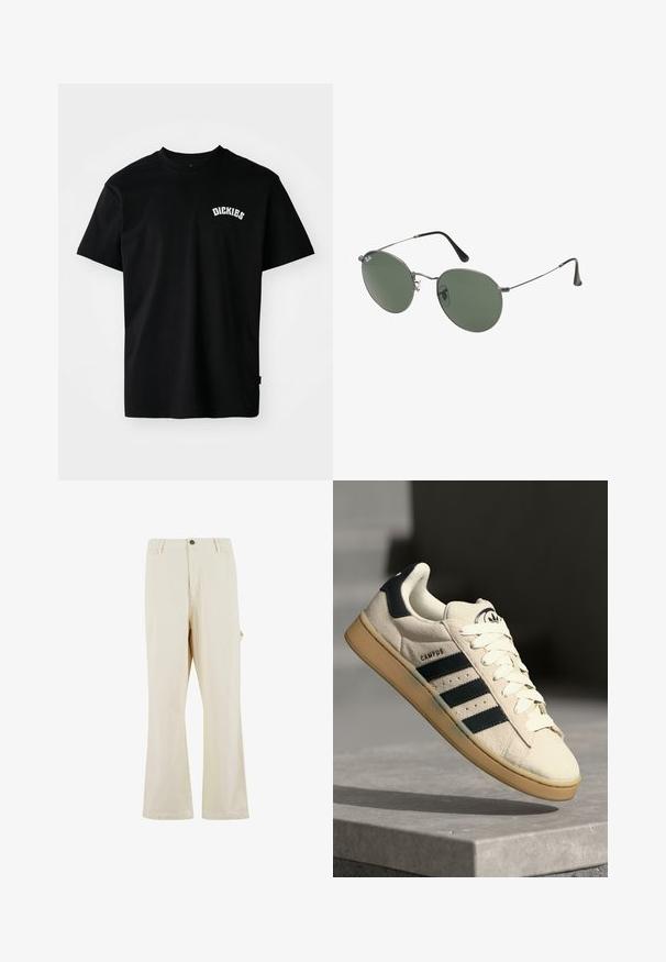 Čierne bavlnené tričko s krátkymi rukávmi a okrúhlym výstrihom. Na hrudi sa nachádza biele zakrivené logo "DICKIES". Jednoduchý dizajn, bez vzorov.; Béžové nohavice s širokým strihom vyrobené z látky s prímesou bavlny s uzáverom na gombík. Obsahujú bočné vrecká a majú jemnú textúru. Viditeľné švy.; Béžové semišové tenisky s tromi tmavomodrými pruhmi, bielymi šnúrkami a béžovou gumovou podrážkou. Obsahujú logo na jazyku a text "CAMPUS".; Sunglass s metalovým rámom s oválnymi zelenými šošovkami. Tenký strieborný kovový rám a čierne štuple za uši. Minimalistický dizajn, bez viditeľných log.
