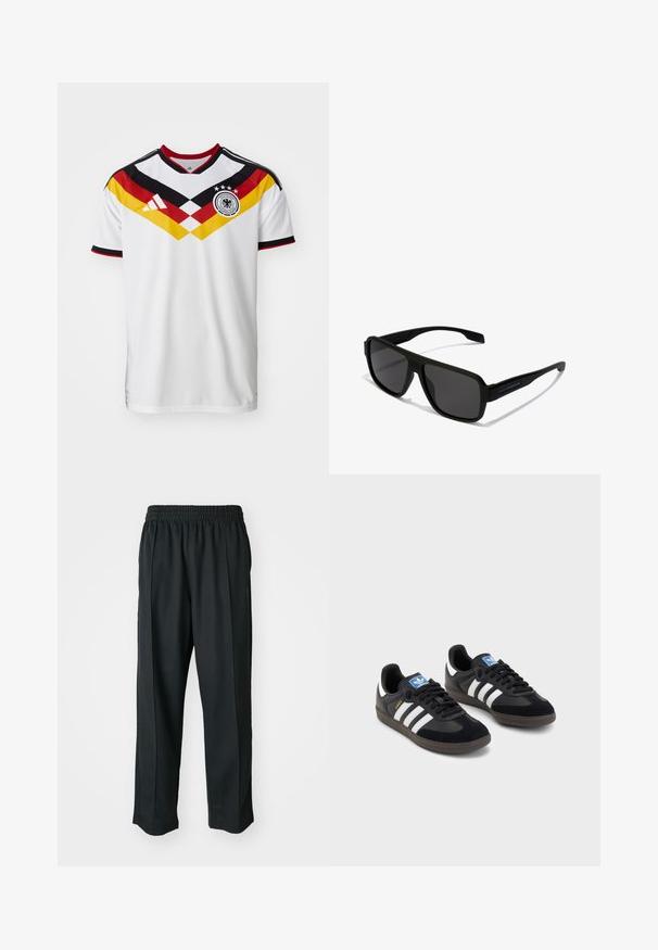 Bijela nogometna majica s crnim i crvenim akcentima, koja ima žuti i crveni dijagonalni uzorak, tri zvjezdice i Adidas logo.; Crne atletske hlače s elastičnim pojasom, izrađene od glatkog materijala, s diskretnim bočnim šavovima i opuštenim krojem, ravne nogavice.; Crne tenisice s gornjim dijelom od antilopa i sintetičkog materijala, s tri bijele pruge, teksturiranom gumenom potplatom i plavom oznakom na jeziku.; Hawkers PARLAY - Sunčane naočale - black