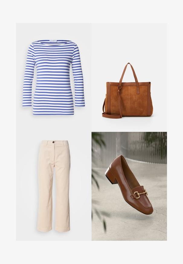 Blauw-witte gestreepte blouse met lange mouwen, gemaakt van zachte stof, met een bootnek ontwerp en een getailleerde silhoutte. Geen zichtbare hardware.; Beige corduroy broek met rechte benen, voorkant met knoopsluiting en zijzakken, zichtbaar op een witte achtergrond.; Bruine lakleren loafer met vierkante neus, metallic kettingaccent en lage blokhak; gladde textuur, minimalistisch ontwerp.; Bruine suède tote bag met leren accenten, met twee handvatten, een afneembare schouderband en een eenvoudig, gestructureerd ontwerp.
