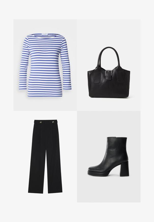 Top de manga longa às riscas azuis e brancas, feito de um tecido suave, com um decote barco e silhueta ajustada. Sem hardware visível.; Calças largas pretas com cintura alta, detalhes em botão na cintura e pregas frontais.; Bota de couro preta até ao tornozelo com salto bloco e sola com plataforma, vista de lado sobre um fundo branco liso.; Bolsa tote de couro preta com textura suave, forma estruturada, duas alças e um destaque prateado proeminente na parte da frente.
