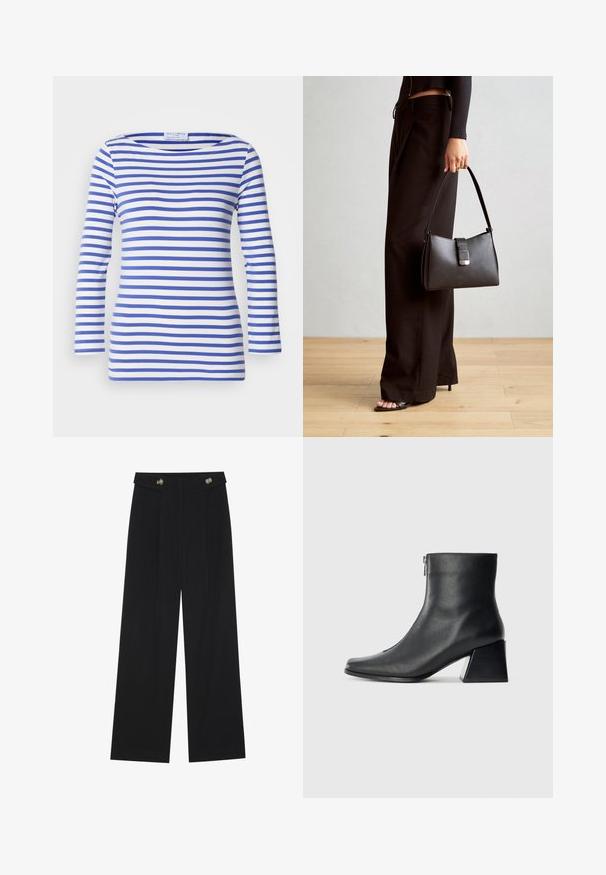 Sininen ja valkoinen raidallinen pitkähihaista paita, joka on valmistettu pehmeästä kankaasta. Siinä on avara kaula-aukko ja vartalonmyötäinen leikkaus. Ei näkyvää metalliosaa.; Mustat leveälahkeiset housut, joissa on korkea vyötärö, napit vyötärönauhassa ja etupuolella laskokset.; Mustat nahka nilkkurit, joissa on nelikulmainen kärki, sivuvetoketju ja lohkarekorko, taustalla vaalea yksinkertainen tausta.; Musta käsilaukku, jossa on rakenteellinen muoto, sileä pinta ja metallinen solki. Yhdistetty leveisiin mustiin housuihin ja avonaiheisiin sandaaleihin puulattialla.