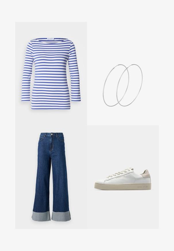 Sinine ja valge triibuline pikka varrukaga pluus, mis on valmistatud pehmest kangast, omades paadi kaeluse disaini ja figuuritükki. Pole nähtavat riistvara.; Laiad denim püksid tumeda sinise pesuga, millel on kontrastne helesinine põlveosa ja klassikaline viie taskuga disain.; Valge nahast toss, millel on sile pind, beežist seemisnahast aktsendid, ümar nina, lame puuvillane pael ja tekstuuriga kummitald.; Hõbedased rõngastikkaehingad minimalistlikus disainis. Ümar kuju, sile tekstuur ja õhuke profiil. Kerged ning poleeritud viimistlusega.