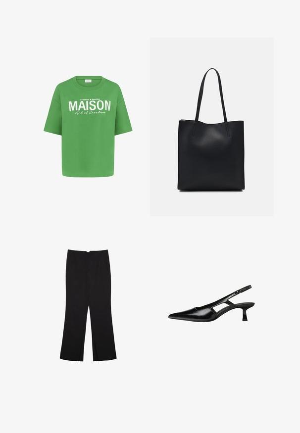 Zelené bavlněné tričko s volným střihem, krátkými rukávy a bílým potiskem, který říká "MAISON" spolu s menším textem níže.; Černé kalhoty s rovným střihem, s předními kapsami a bočními rozparky na lemu. Vyrobené z jemné, hladké tkaniny. Vhodné na různé příležitosti.; Černé lakované lodičky na podpatku se špičatou špičkou, výřezovým designem na boku a malým čtvercovým podpatkem. Hladká textura s minimálními akcenty.; Černá kožená taška přes rameno s hladkým povrchem, obdélníkovým tvarem a dvěma dlouhými uchy. Žádné viditelné kování ani ozdoby.