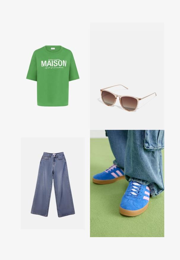 Zielona bawełniana koszulka z luźnym krojem, krótkimi rękawami oraz białym nadrukiem z napisem "MAISON" oraz mniejszym tekstem poniżej.; Jasnoniebieskie dżinsy o szerokich nogawkach z wysokim stanem, z kieszeniami z przodu oraz zapięciem na guziki i pętelkami na pasek.; Niebieskie zamszowe buty z różowymi paskami i białymi sznurowadłami, z gumową podeszwą, zestawione z luźnymi dżinsami na zielonej powierzchni.; Brązowe okulary przeciwsłoneczne w gradientowym kolorze z przezroczystym różowym ramkiem, w kształcie kwadratu, z cienkimi metalowymi zausznikami. Posiadają zaokrąglone krawędzie i minimalne wykończenie.