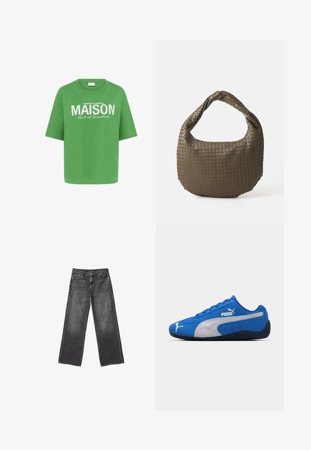 Zeleni pamučni T-shirt s ležernim krojem, kratkim rukavima i bijelim otisnutim tekstom koji glasi "MAISON" sa manjim tekstom ispod.; Tamno sivi traperice širokih nogavica s prednjim i stražnjim džepovima, zatvaranjem na gumb i blago izblijedjelim detaljima.; Plave atletske cipele s gornjim dijelom od antilopa, s bijelim bočnim panelom i crnom gumenenom potplatom. Uključuju uzdignuti PUMA logo sa strane.; Tkana torbica maslinaste boje za ruke s zaobljenim oblikom i uvrnutom ručkom. Teksturirana površina s dijagonalnim uzorkom. Zatvaranje na patentni zatvarač.