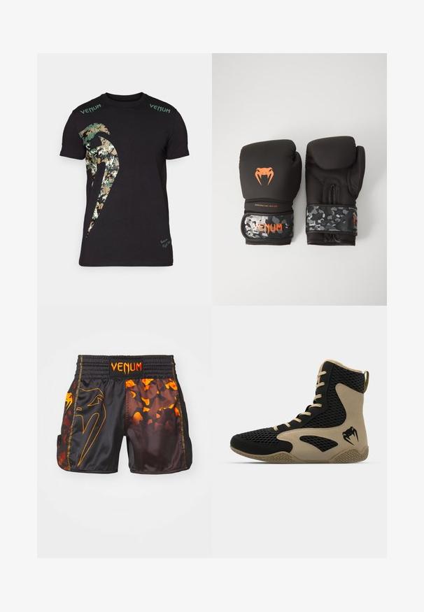 Zwarte katoenen T-shirt met een grote camouflage-afbeelding en "Venum" tekst in het groen op de schouders. Korte mouwen, standaard pasvorm.; Zwarte en oranje Venum-shorts met een glanzende afwerking, contrasterende camouflagepatronen en een elastische tailleband met logo-detail.; Hoge sportieve schoen met een zwart gaasexterieur en beige accenten. Gestructureerde rubberen zool en logo-detail aan de zijkant.; Zwarte bokskampen met een matte afwerking en ergonomisch ontwerp. Oranje logo-details en camouflage-gepatenteerde polsbanden.