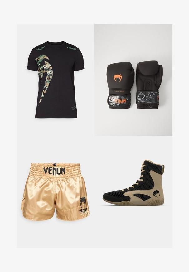 Svart bomulls t-skjorte med et stort kamuflasjemønster og "Venum"-tekst i grønt på skuldrene. Korte ermer, standard passform.; Gylne sateng bokseshorts med svart "VENUM" logo på midjebåndet og siden, med en jevn tekstur og elastisk midjebånd for komfort.; Høye idrettssko med svart nettverksutside og beige detaljer. Teksturert gummisåle og logo på siden.; Svarte boksinghansker med matt finish og ergonomisk design. Oransje logo-detaljer og håndleddsstropper med kamuflasjemønster.