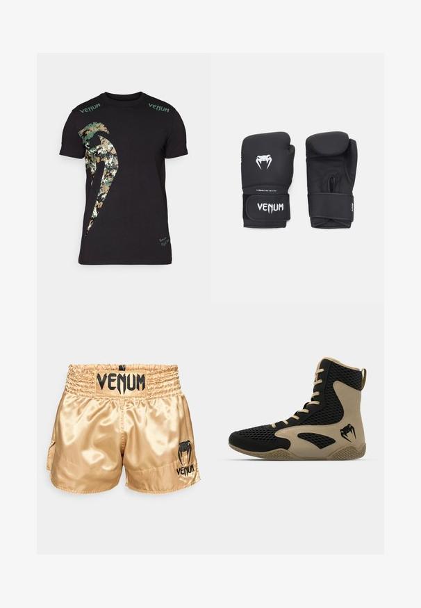 Must musta T-särk, millel on suur kamuflaažigraafika ja "Venum" tekst rohelisel riiulil. Lühikesed varrukad, tavaline sobivus.; Kuldne satiinist poksipingid musta "VENUM" logoga vööl ja külgedel, millel on sile tekstuur ja elastne vöö, et tagada mugavus.; Korkeatoimelise spordijalanõud musta võrkmaterjaliga, millel on beežid accentsid. Tekstureeritud kummist tallad ja logodetail küljepeal.; Mustad musta värvi poksikindad, millel on sile tekstuur, valge Venomi logo ja reguleeritav takjakinnitus, mis tagab kindla istuvuse.