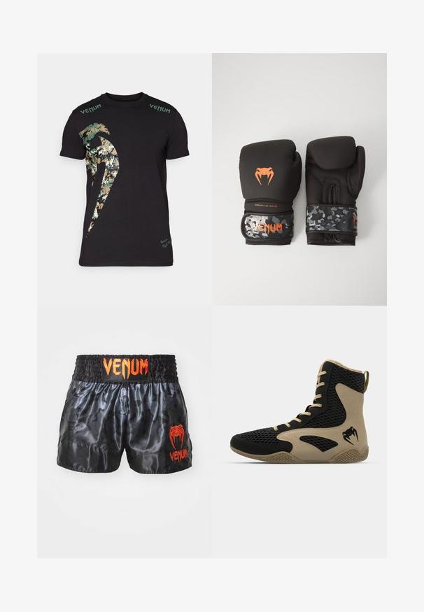 T-shirt de algodão preta com um grande gráfico em camuflagem e o texto "Venum" em verde nos ombros. Mangas curtas, corte padrão.; Calças de boxe em cetim preto com um padrão de camuflagem, apresentando uma cintura elástica e o logo "VENUM" em laranja brilhante na parte da frente.; Sapatilha desportiva de cano alto com um exterior em malha preta e detalhes em bege. Sola de borracha texturada e detalhe do logótipo na lateral.; Luvas de boxe pretas com acabamento mate e design ergonómico. Detalhes do logótipo em laranja e tiras de pulso com padrão de camuflagem.