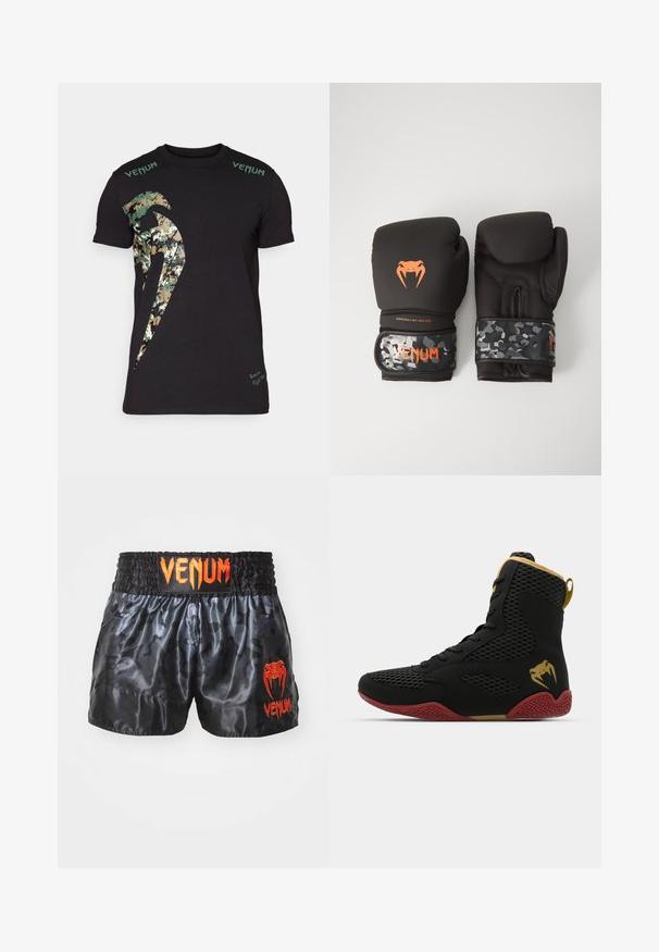 Zwarte katoenen T-shirt met een grote camouflage-afbeelding en "Venum" tekst in het groen op de schouders. Korte mouwen, standaard pasvorm.; Zwarte satijnen bokshorts met een camouflagepatroon, voorzien van een elastische tailleband en een feloranje "VENUM"-logo aan de voorkant.; Hoge sportieve schoen met zwarte mesh en synthetisch materiaal, gestructureerde accenten, rode rubberen zool en gouden details op de enkel.; Zwarte bokskampen met een matte afwerking en ergonomisch ontwerp. Oranje logo-details en camouflage-gepatenteerde polsbanden.
