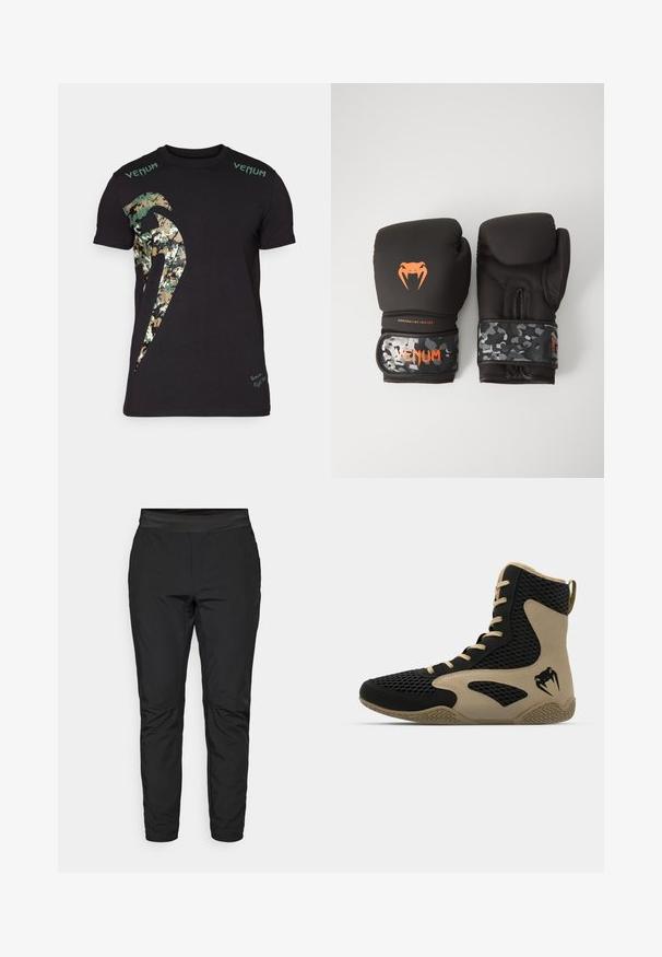 Tricou negru din bumbac, cu un grafic mare de camuflaj și textul "Venum" în verde pe umeri. Mâneci scurte, croială standard.; Pantaloni de yoga negri, cu un design ajustat, talie elastică și buzunare cu fermoar. Textură netedă cu un finisaj ușor lucios.; Pantofă sport de tip high-top cu un exterior din plasă neagră și accente bej. Talpă din cauciuc texturat și detaliu logo pe lateral.; Mănuși de box negre cu un finisaj mat și design ergonomic. Detalii cu logo portocaliu și curele pentru încheietură cu model de camuflaj.