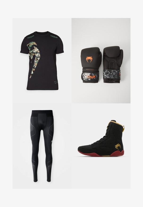 Mustapaita, jossa on suuri naamiointikuosi ja "Venum"-teksti vihreänä olkapäillä. Lyhyet hihat, normaali mitoitus.; Mustat urheilulegginsit, joissa on venyvää materiaalia, leveä vyötärö, verkkopaneelit ja heijastavat yksityiskohdat sivuilla.; Korkokenkä urheilukenkä, jossa on mustaa verkkoa ja synteettistä materiaalia, teksturoituja yksityiskohtia, punainen kumipohja ja kultaiset yksityiskohdat nilkassa.; Mustat nyrkkeilyhanskat, joissa on mattapinta ja ergonominen muotoilu. Oranssit logot yksityiskohtina ja maastokuvioidut rannekkeen hihnat.