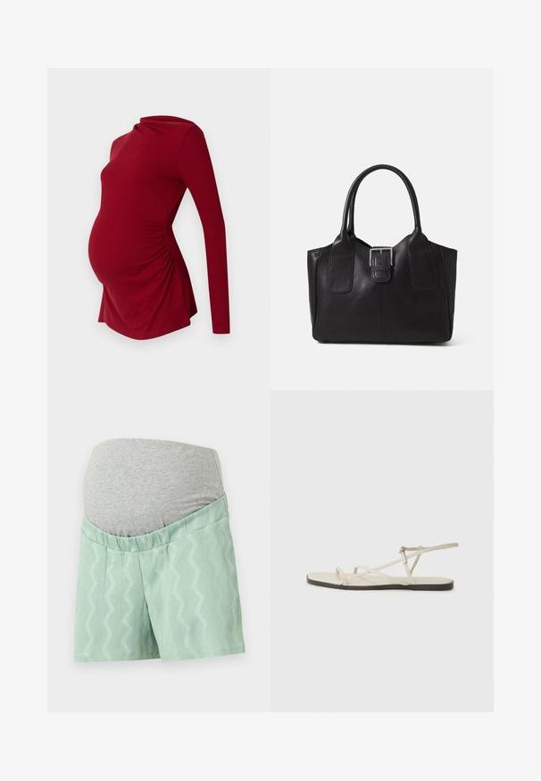 Dlouhý rukáv červeného těhotenského topu s žebrovanou strukturou, který má draped výstřih a boční nařasení pro přizpůsobení rostoucímu břichu.; Mátově zelené kraťasy s texturovaným zigzagovým vzorem, vybavené šedým elastickým pasem pro pohodlí. Mají volný střih a hladkou tkaninu.; Béžové ploché sandály s několika štíhlými pásky a nastavitelnou přezkou. Podešev je plochá s mírným tmavým kontrastem na okraji.; Černá kožená tote taška s hladkým povrchem, strukturovaným tvarem, dvěma uchy a výrazným stříbrným detailem s přezkou na přední straně.