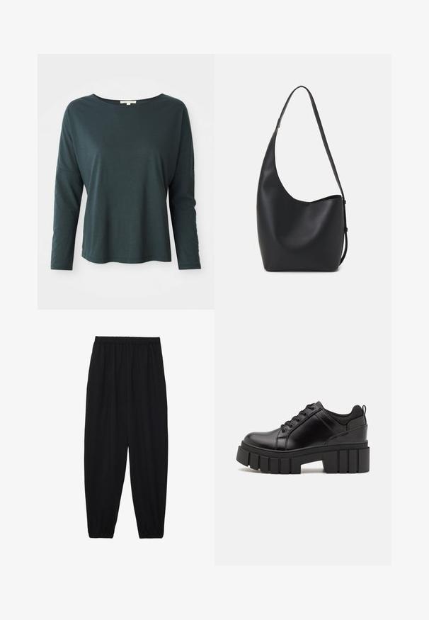 Tamsiai žalia ilgomis rankovėmis laisva suknelė su laivo kaklu ant baltos fono, mažas dydis, švelni lengva medžiaga.; Juodi, lengvi kelnių su elastinga juosmens juosta ir surinktais kulkšniais. Audinys yra lygus ir turi atsipalaidavusį, siaurėjantį dizainą.; Juodi odiniai platformos batai su masyviu blokuota kulniuku, apvalia nosimi ir tradiciniu šnypštimo dizainu. Turintys glotnų paviršių ir minimalų dekoravimą.; Juodas odinis hobo maišas su lygiu paviršiumi, kreipta forma ir viena reguliuojama rankena; turi platų atidarymą viršuje.