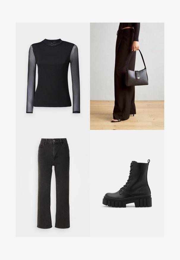 Blusa preta de manga longa com gola alta; corpo em tecido liso e mangas em malha transparente; textura suave; design ajustado.; Jeans largos pretos feitos de denim, com fecho de botão frontal, passantes para cinto e cinco bolsos, apresentando uma textura ligeiramente desbotada.; Bota ankle de couro preto com sola robusta e estriada, frente com atacadores e alça na parte de trás, sobre fundo branco liso.; Bolsa preta com forma estruturada, textura suave e um fecho metálico. Combinada com calças largas pretas e sandálias de salto aberto sobre um chão de madeira.; Brincos em argola dourados com um acabamento liso e brilhante. Design circular com um pequeno pino e suporte transparente para um uso seguro.