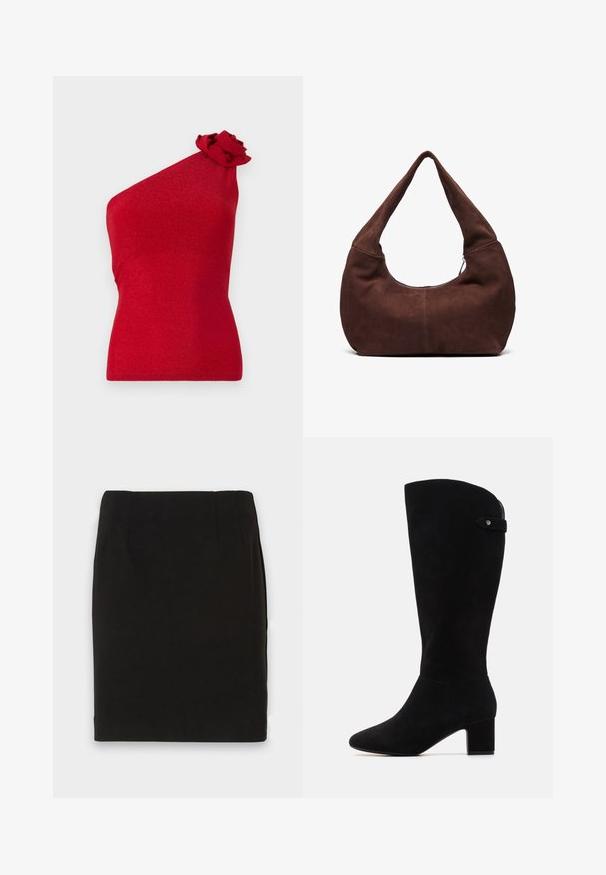 Piros, egy vállra helyezett felső, sima, testhez álló kialakítással. Csillogó anyagból készült, amelyen texturált virágos dísz található a vállen.; Fekete, térd alatti ceruzaszoknya egyenes szegéllyel és finom varrásokkal a derékrészen, fehér háttér előtt.; Fekete velúr térd fölé érő csizmák hegyes orral és tömbsarkúval. Simák a tapintásuk és egyszerű a dizájnjuk, oldalsó pánt díszítéssel.; Barna velúr hobo táska ívelt, széles fogantyúval és nagy nyílással. Puha textúra, a szélek mentén látható varrás részletekkel.