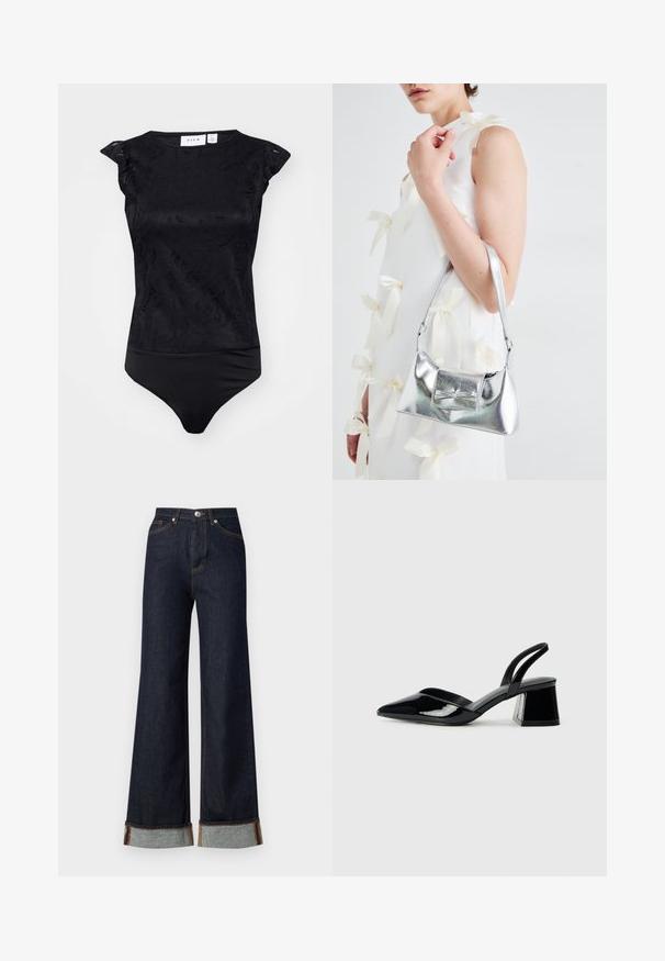 Fato justo preto com um padrão floral texturizado, mangas curtas e um design ajustado. Tecido suave com uma borda inferior sem emendas.; Vero Moda VMTESSA WIDE FOLD UP - Wide leg - dark blue denim; Sandy em verniz preto com salto slingback, ponta afilada e salto geométrico. Apresenta um design elegante e minimalista com textura suave.; Bolsa metálica prateada com uma forma estruturada, apresentando uma alça superior e um detalhe de laço na frente. Textura suave, acabamento reflexivo.