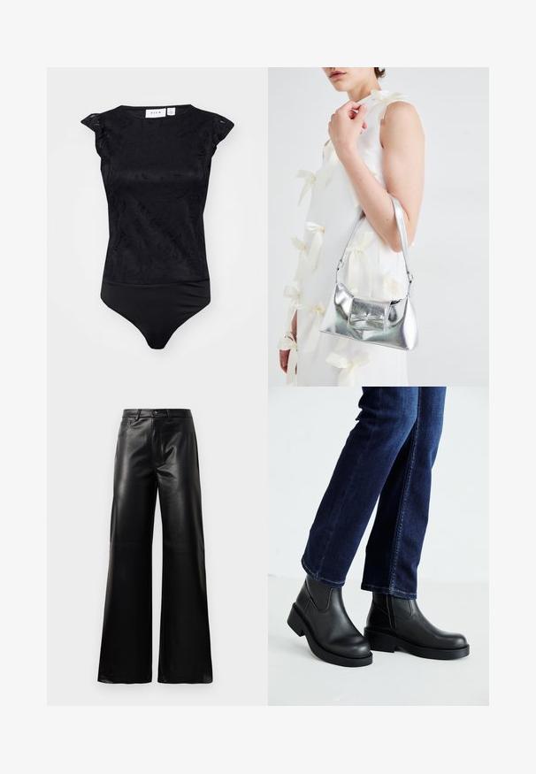 Melnā bodijs ar strukturētu ziedu rakstu, ar īsām piedurknēm un pieguļošu dizainu. Gluda auduma bezšuvīgs apakšmalis.; Melnas augstās jostas platajās kājās sintētiskās ādas bikses ar priekšējo pogu, rāvējslēdzēju, jostas cilpām un sānu kabatām uz baltā fona.; Melnas ādas potīšu zābaki ar masīvu zoli un sānu elastīgām daļām, kombinēti ar tumši ziliem džinsiem. Zeme ir gaišā krāsā.; Sudraba metāla rokassoma ar struktūru formu, aprīkota ar augšējo rokturi un priekšpusē esošu loku. Gluda tekstūra, atstarojoša virsma.