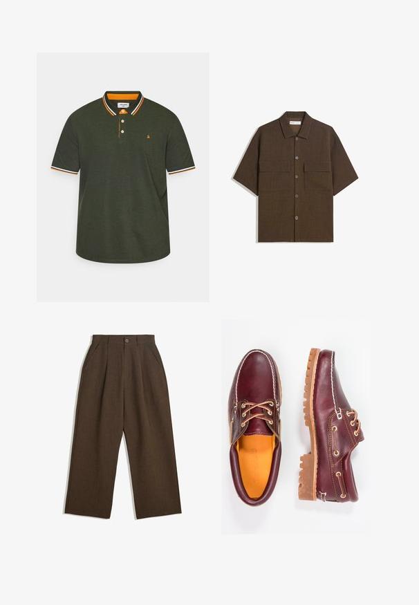 Polo tričko v tmavě zelené barvě, s límcem v oranžovo-bílé pruhované kombinaci, tříknoflíkovou légou a malým logem na hrudi.; Krátký rukáv, tmavě hnědá košile z texturované látky. Má zapínání na knoflíky a dvě náprsní kapsy. Ležérní design s uvolněným střihem.; Hnědé skládací kalhoty s širokým střihem, vybavené zapínáním na knoflík a bočními kapsami, vyrobené z texturované tkaniny vhodné pro volnočasové nošení.; Burgundské kožené boty s hnědými gumovými podrážkami, kulatou špičkou, bílým prošíváním a zlatými očky. Interiér obsahuje žlutou podšívku.