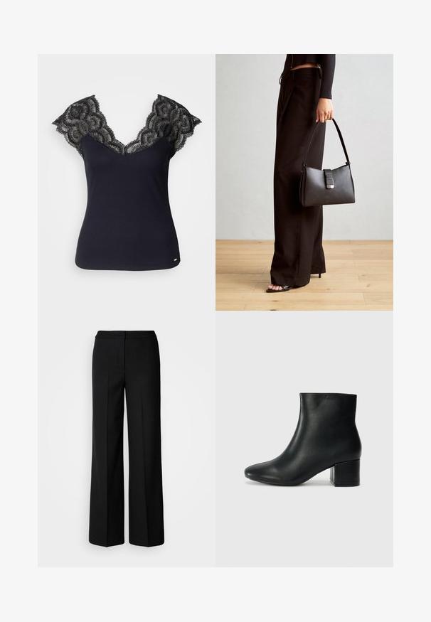 Melns ribots topiņš ar dziļu V-veida kakla izgriezumu un mežģīņu detaļām plecu daļā un viļņotām malām. Minimālas metāla akcentu detaļas apakšmalā.; Melni plati bikses ar gludu audumu, piedāvājot augstu jostasvietu, pielāgotas šuves un minimālistisku dizainu. Nav redzamu piederumu vai kabatu.; Melna ādas potīšu zābaki ar smailu purngalu un masīlu papēdi. Gluda tekstūra ar minimāliem akcentiem un gludu, pieguļošu dizainu.; Melnā somiņa ar strukturētu formu, gludu tekstūru un metālu sprādzi. Saskaņota ar platām melnām biksēm un sandālēm ar atvērtu purngalu uz koka grīdas.