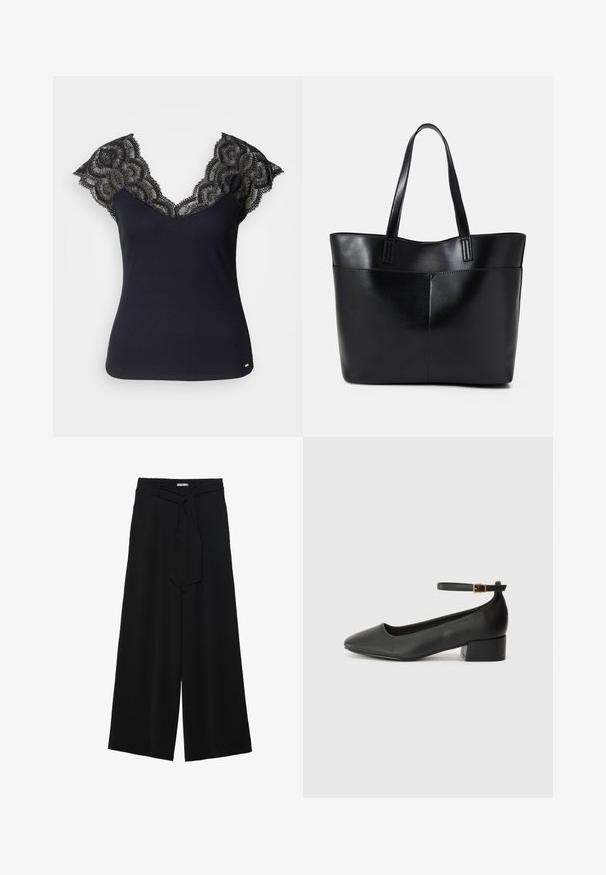 Black ribbed tank top featuring a deep V-neck with lace detailing at the shoulders and scalloped edges. Minimal hardware accents at the hem.; Black wide-leg pants featuring a textured fabric, an elastic waistband, and a detachable sash tie at the waist for adjustable fit.; Black leather pump with a pointed toe and a low block heel. Features an ankle strap with a gold-tone buckle. Smooth texture.; Black leather tote bag with two long handles, a smooth texture, and a structured shape. Features a front pocket for additional storage.