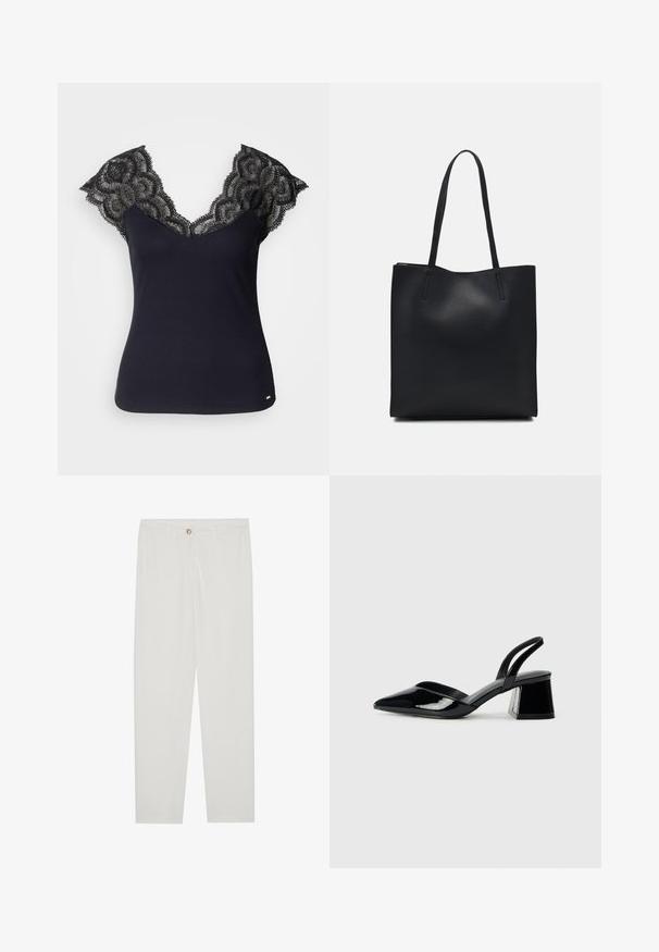 Črna rebrasta top majica z globokim V-izrezom, ki ima čipkaste detajle na ramenih in valovite robove. Minimalni kovinski dodatki na robu.; Bela, krojena hlače z ravnimi nogami, ki vključujejo gumbasto zapiranje, zanke za pas in stranske žepe; gladka tekstura tkanine.; Črne lakirane slingback pete s koničastim nosom in geometrijsko blokasto peto. Imajo eleganten, minimalističen dizajn in gladko teksturo.; Črna usnjena torba s svilnato teksturo, pravokotne oblike in dvema dolgima ročajema. Brez vidnih metalnih delov ali okrasnih elementov.
