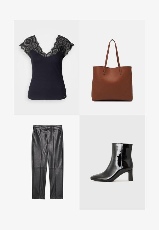 Fekete bordázott ujjatlan felső mély V-kivágással, csipke díszítéssel a vállaknál és hullámos szélekkel. Minimális fém részletek az alján.; Fekete bőrnadrág sima textúrával, egyenes szabással, két elülső zsebbel és látható varrás részletekkel.; Fekete lakk bőrcipő bokáig érő, hegyes orral és közepes magasságú tömbsarokkal. Simább textúrával és minimalista dizájnnal rendelkezik.; Barna bőr vászontáska sima textúrával, nyitott tetejű dizájnnal és két vállpánttal. Minimális varrással és látható hardver nélkül készült.